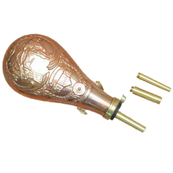 Texas Copper Powder Flask, 3 spout attachments: .58, .50, .44 Cals.